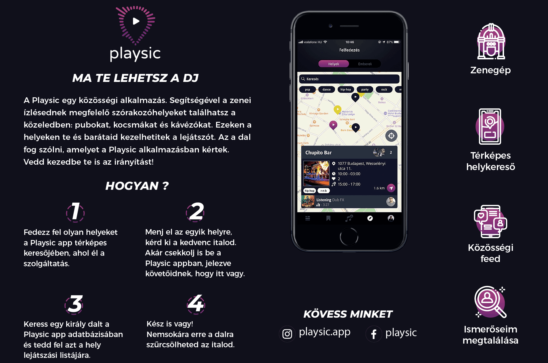 Ma te lehetsz a DJ – A Playsic egy közösségi alkalmazás. Segítségével a zenei ízlésednek megfelelő szórakozóhelyeket találhatsz a közeledben: pubokat, kocsmákat és kávézókat. Hogyan? 1. Fedezz fel olyan helyeket a Playsic app térképes keresőjében, ahol él a szolgáltatás. 2. Menj el az egyik helyre, kérd ki a kedvenc italod. 3. Keress egy király dalt a Playsic app adatbázisában és tedd fel azt a hely lejátszási listájára. 4. Kész is vagy!